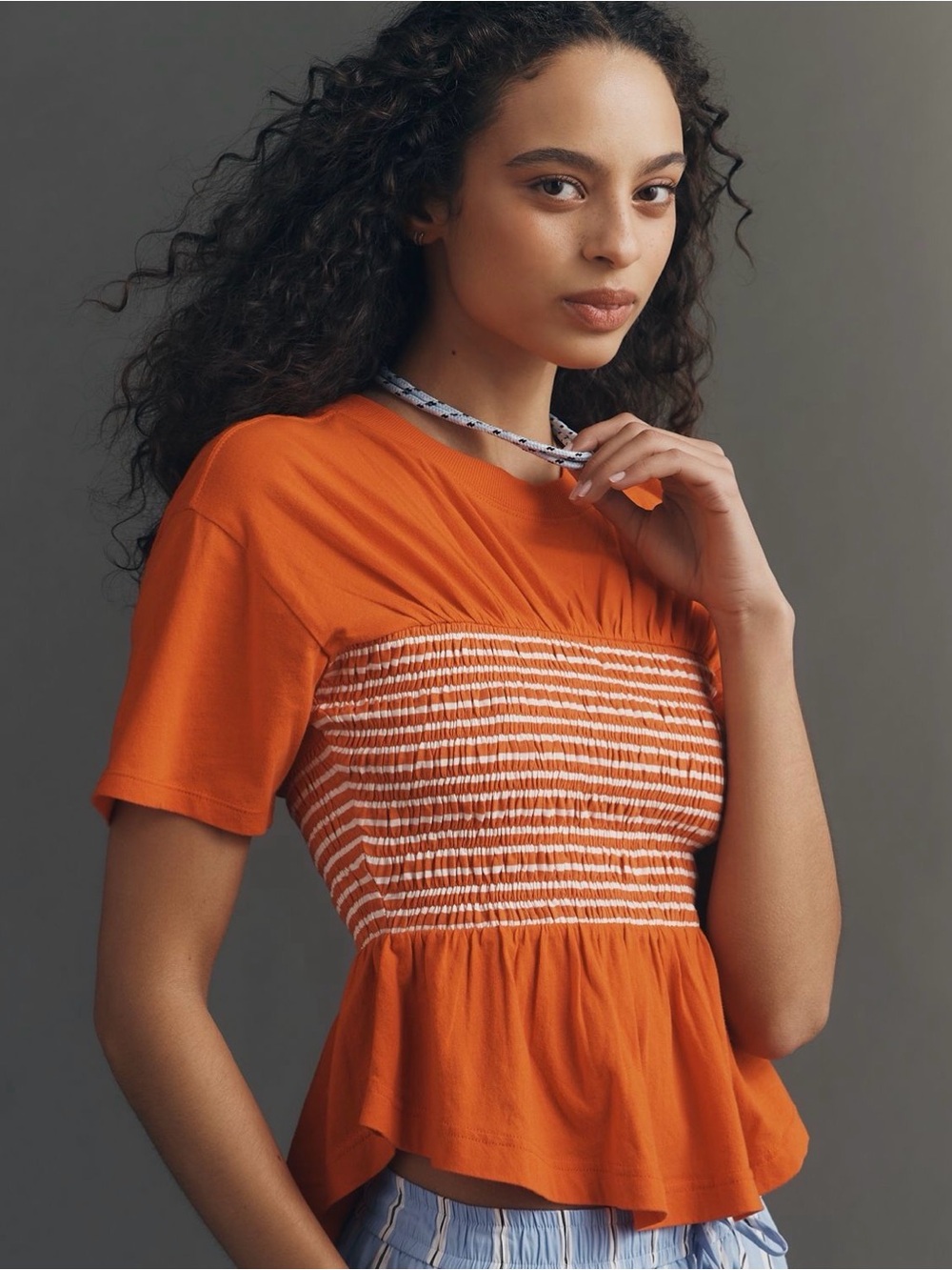 Anthropologie Maeve Orange Smocked Peplum Short Sleeve Top MEDIUM